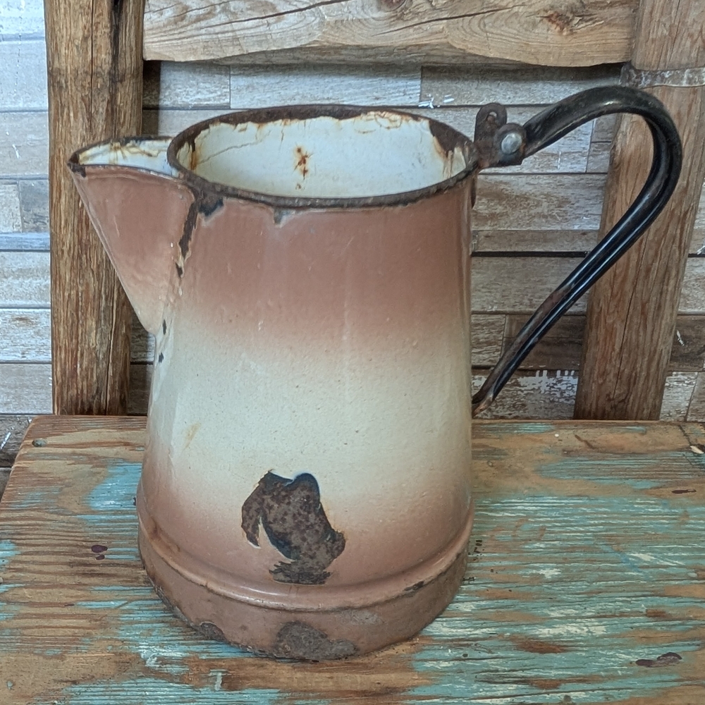 Vintage Rustic Enamel Pitcher in Brown and Cream
